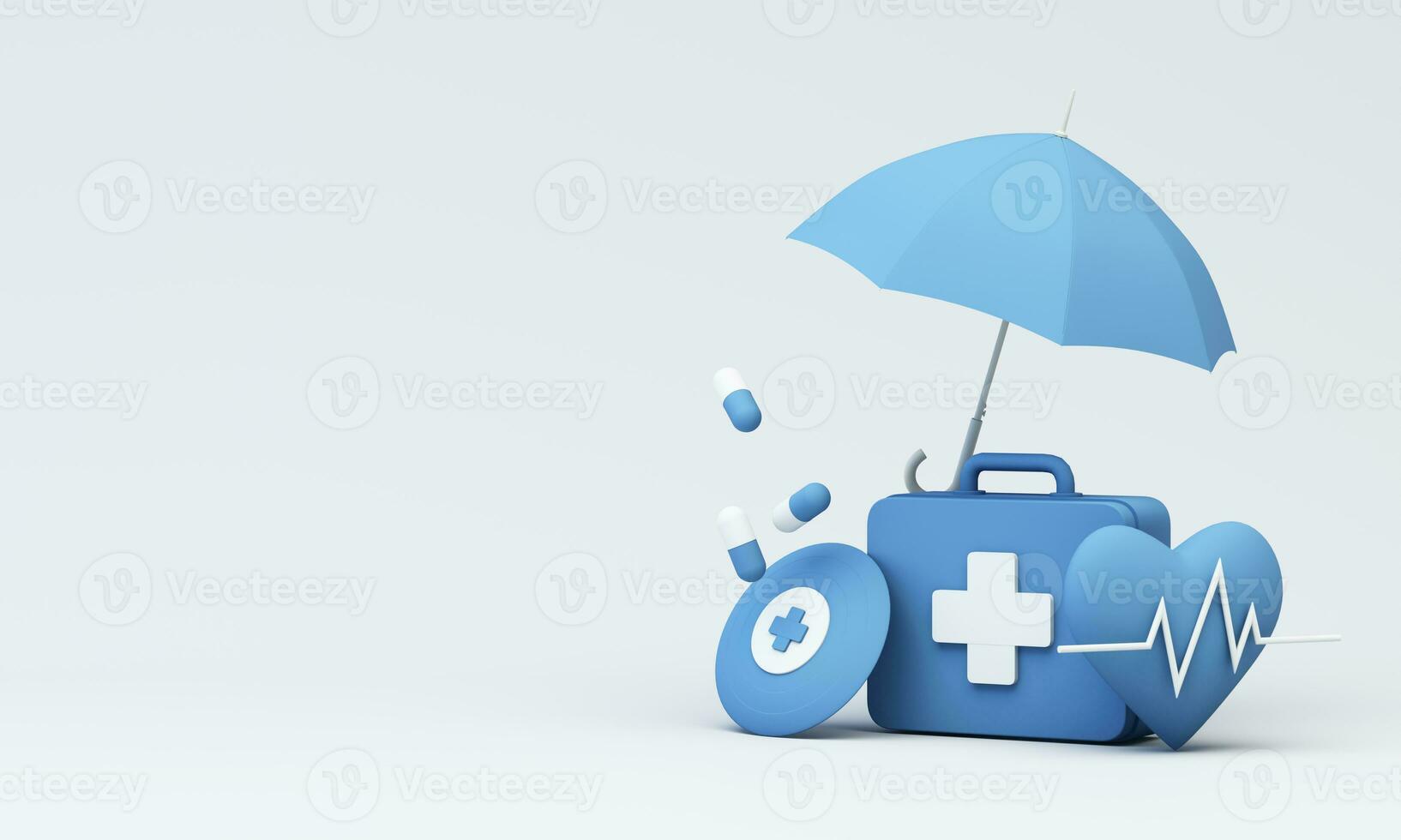 Immagine disegno, 3d rendering, sfondo per concetti Usato nel assicurazione, Salute e medico annunci. nel blu toni consistente di un' medico scatola e un ombrello foto