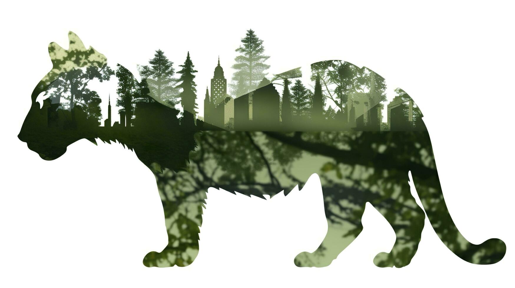 Doppio esporre silhouette di un' tigre in piedi, nel il stile di collage di foto, eco, architettura, ai generativo foto