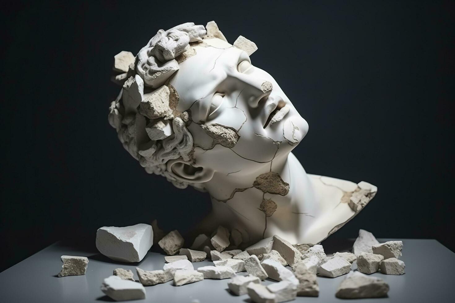 rotto antico greco statua testa caduta nel pezzi. rotto marmo scultura, screpolatura rompersi, concetto di depressione, memoria perdita, mentalità perdita o malattia. ai generativo foto