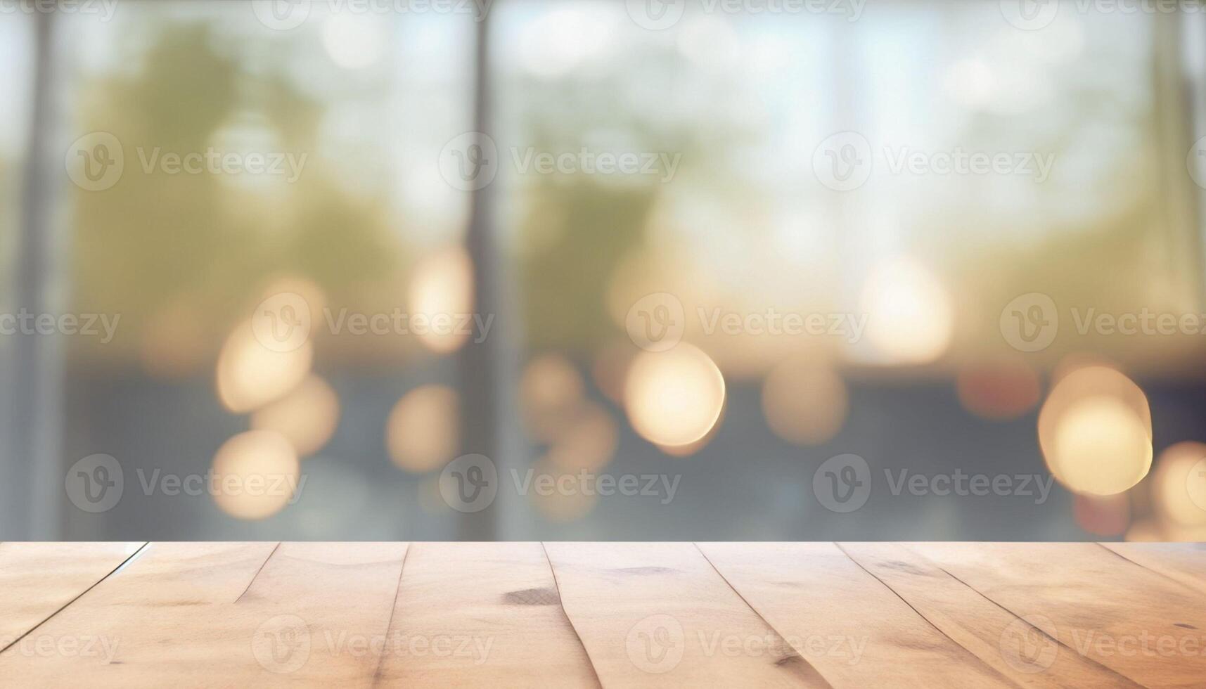 ai generato, di legno tavolo superiore su sfocatura sfondo di finestra e bokeh Immagine. foto