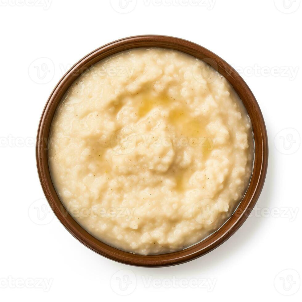 fiocchi d'avena porridge cucinato superiore Visualizza isolato su bianca sfondo foto