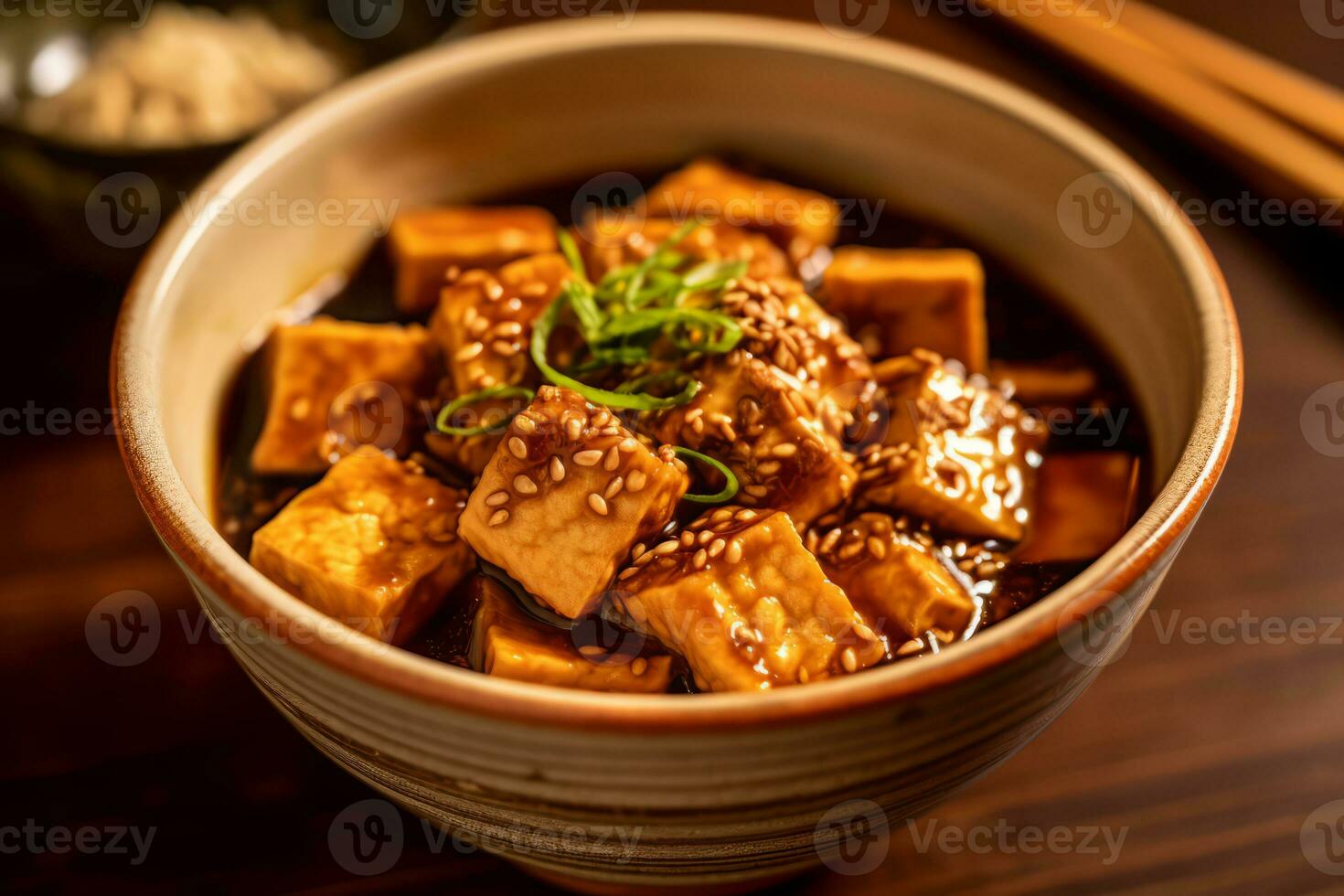 avvicinamento superiore Visualizza di ingredienti in profondità fritte tofu, giapponese cibo. ai generato. foto