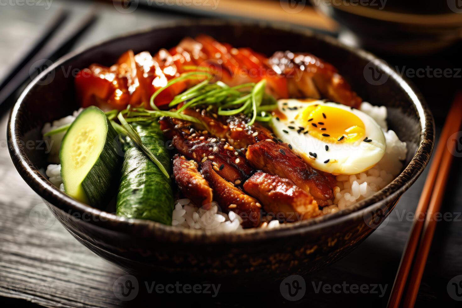 avvicinamento superiore Visualizza di ingredienti carne alla griglia, Maiale, pollo e Riso, giapponese cibo. ai generato. foto