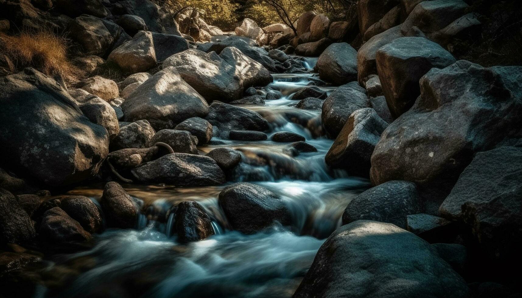 liscio fluente acqua, tranquillo scena, autunno le foglie generato di ai foto