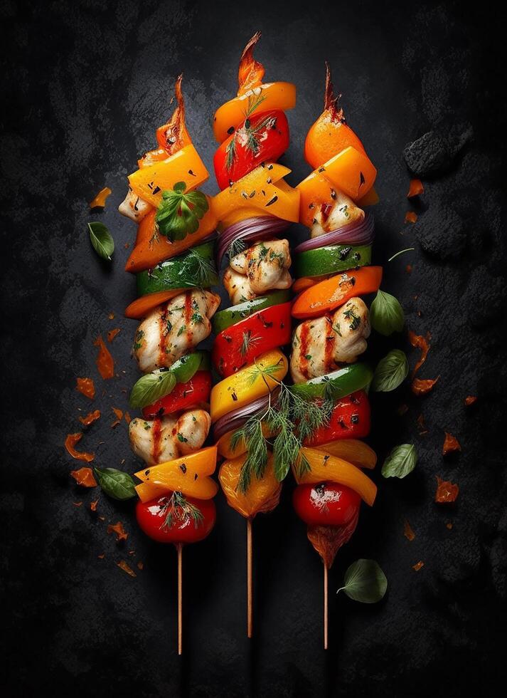 pollo shish kebab o spiedini kebab su di legno asse, spezie, erbe aromatiche e verdure su buio sfondo. ai generativo foto