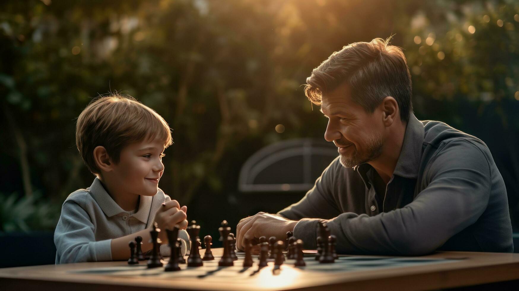 papà e bambino giocando scacchi foto