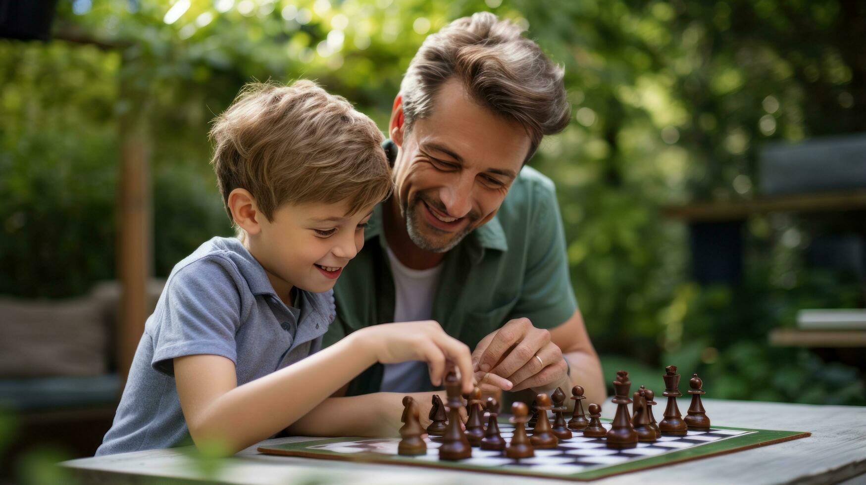 papà e bambino giocando scacchi foto