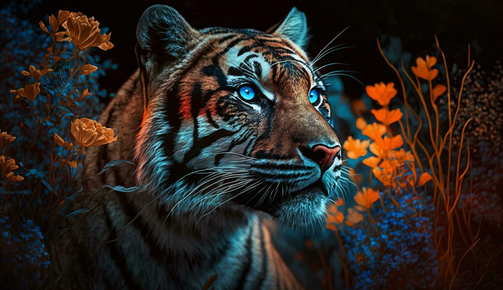 gratuito foto di tigre ritratto con colorato raggiante fiori, ai generativo Immagine