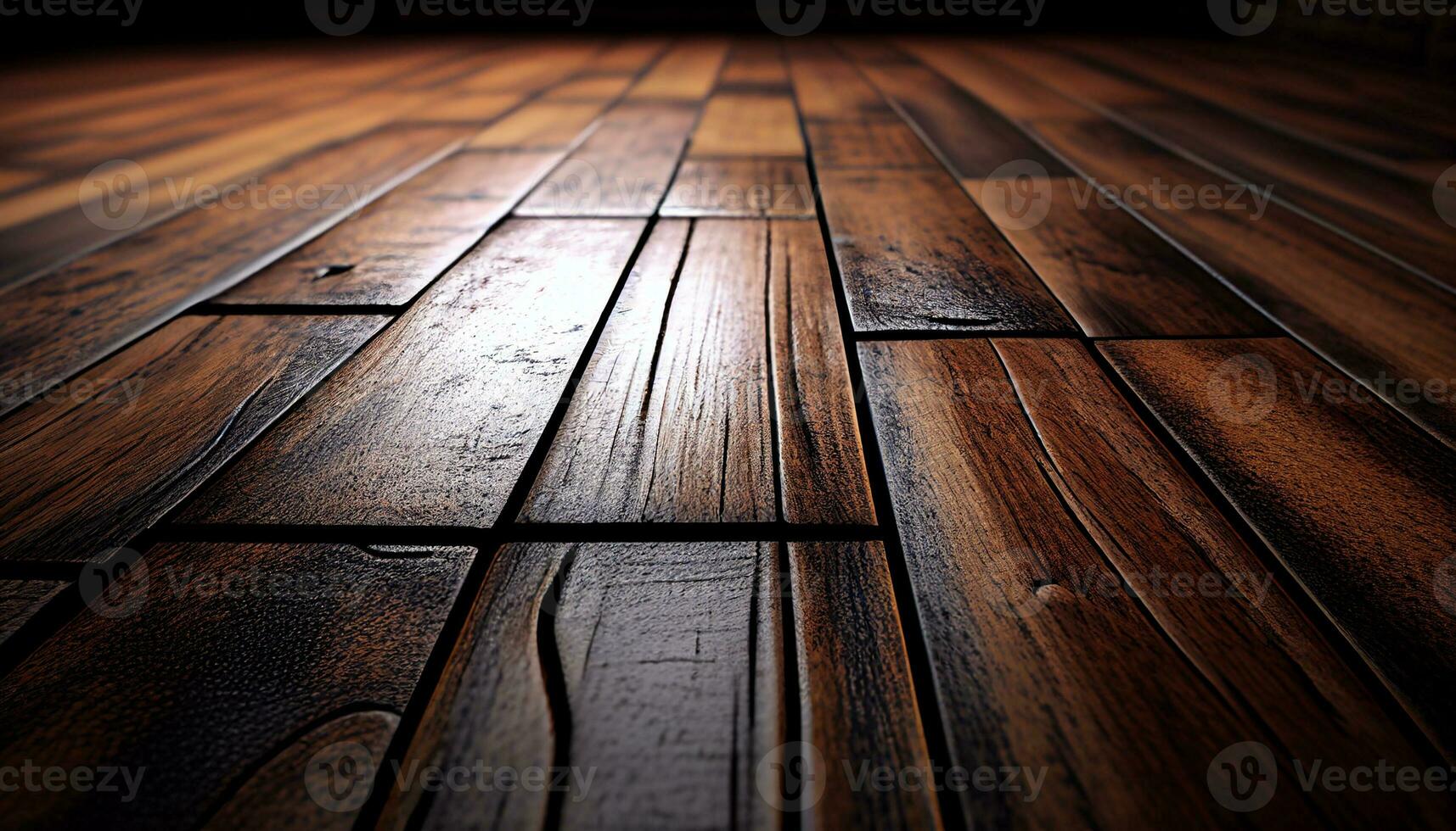 un' di legno pavimento con un' buio sfondo e un' leggero splendente su esso, generativo ai foto