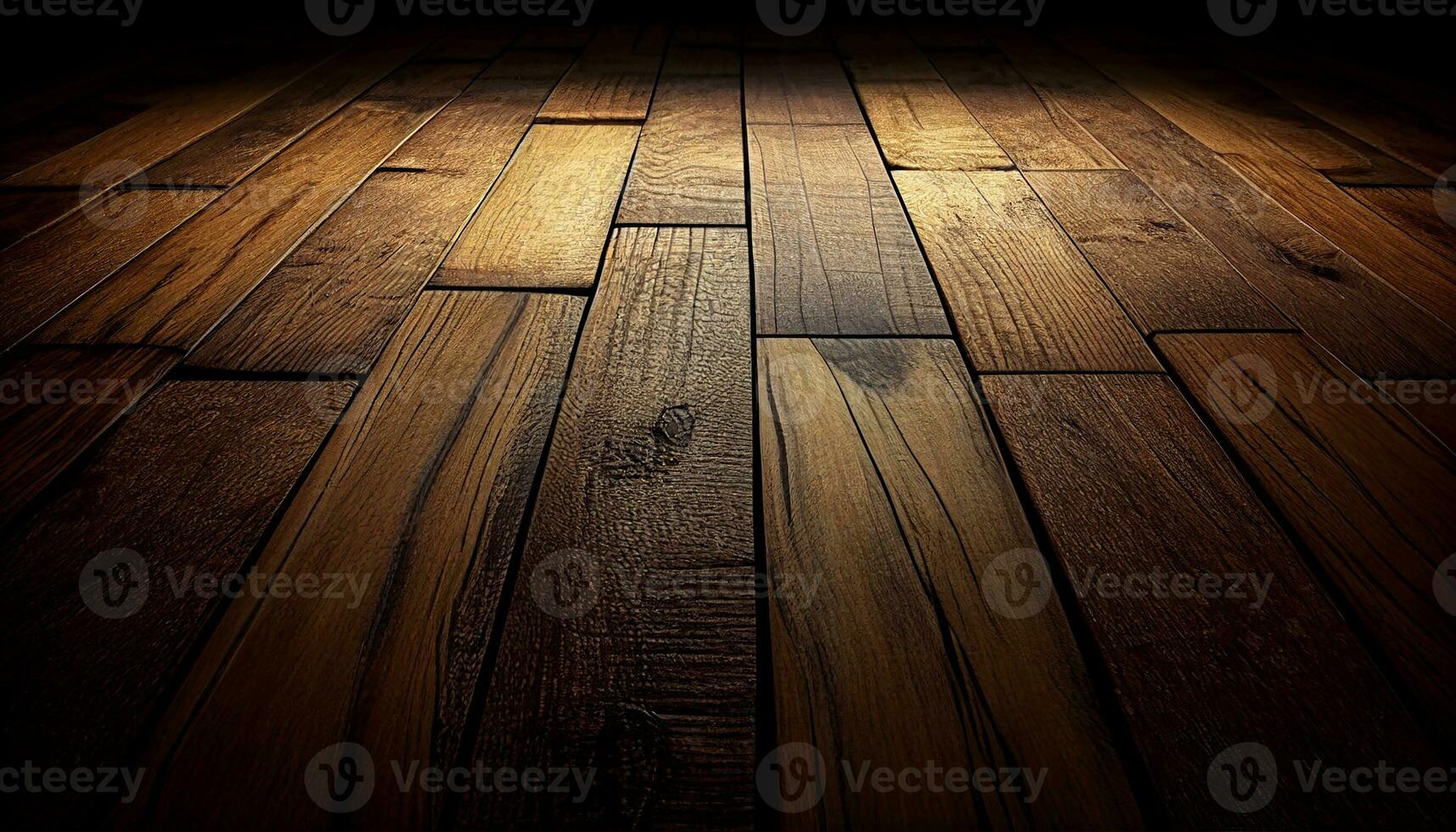 un' di legno pavimento con un' buio sfondo e un' leggero splendente su esso, generativo ai foto