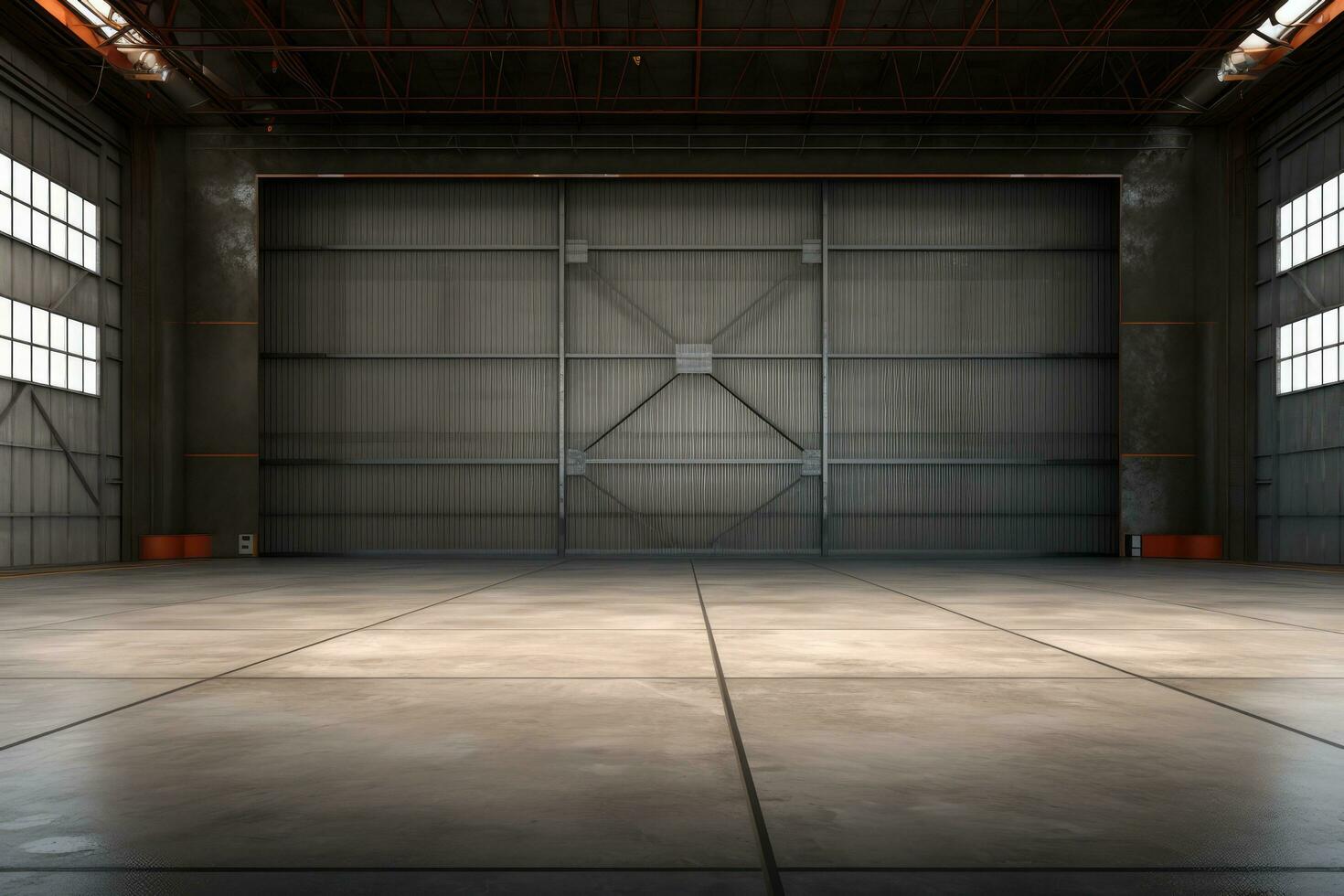 3d interpretazione di un vuoto magazzino con un' lotto di finestre. 3d interpretazione di grande hangar edificio e calcestruzzo pavimento e Aperto otturatore porta nel prospettiva Visualizza per sfondo, ai generato foto