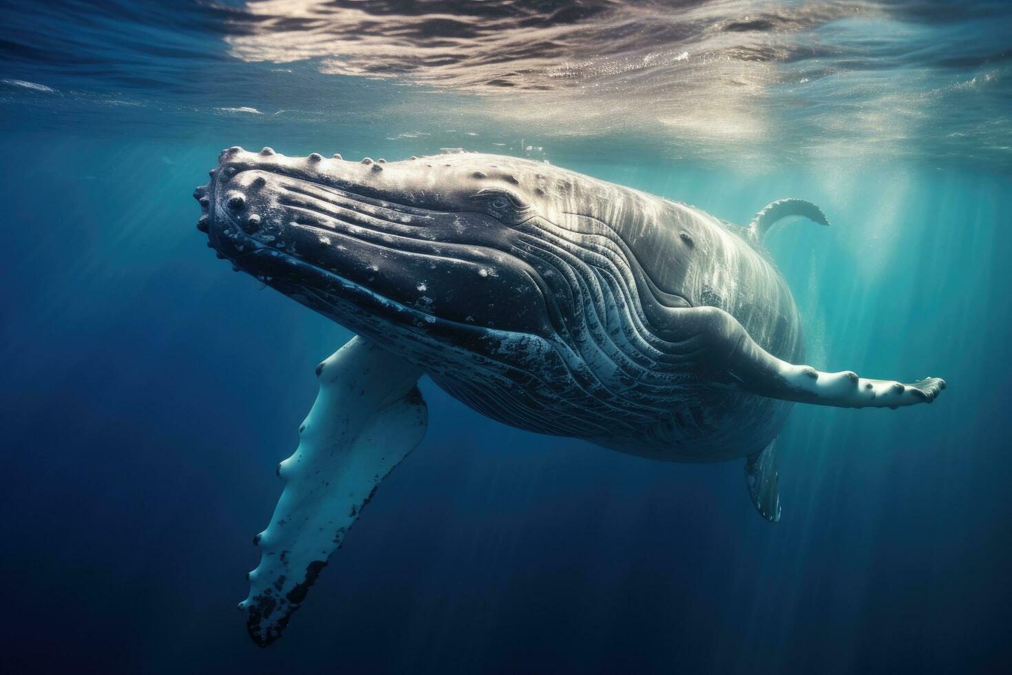 gobba balena nuoto subacqueo nel in profondità blu oceano. Questo file è puliti e ritoccato. un' bambino gobba balena giochi vicino il superficie nel blu acqua, ai generato foto
