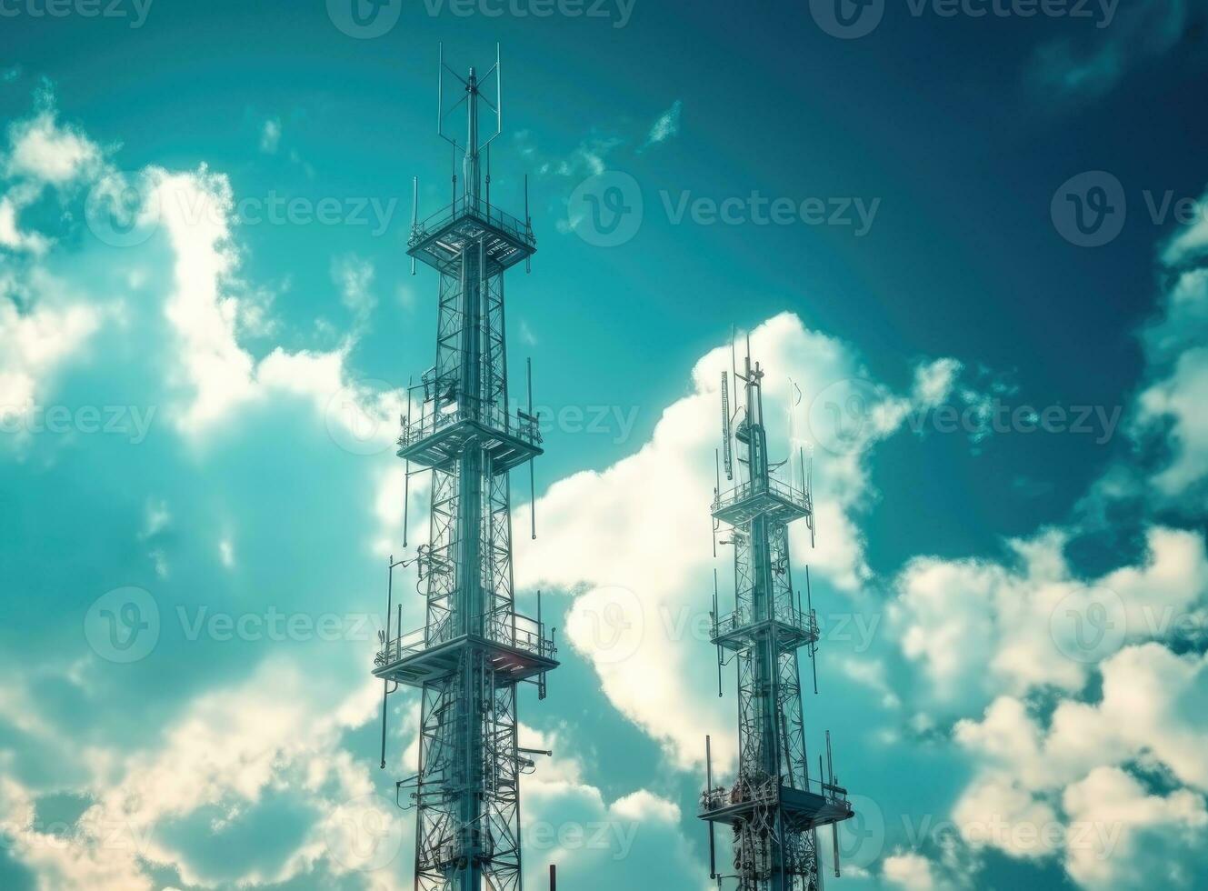 Torre con mobile operatore antenne su il sfondo cielo, 5 g, 4 g, 3 g, mobile tecnologie, nuovo generazione comunicazioni creato con generativo ai tecnologia foto