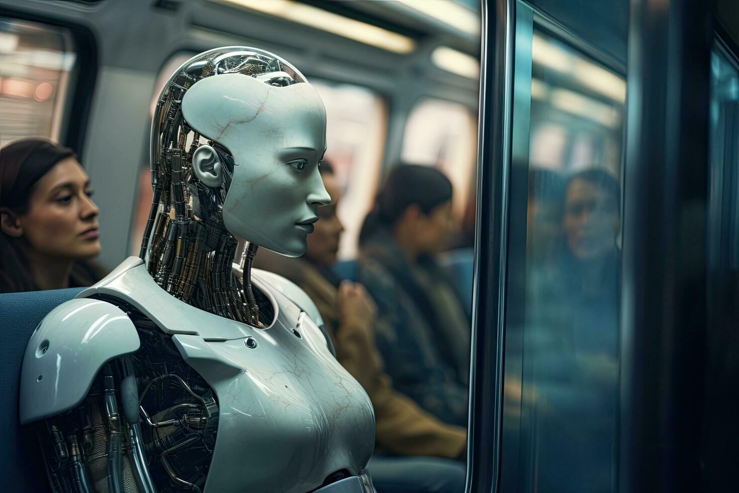 avvicinamento di un' femmina robot nel un' metropolitana macchina. selettivo messa a fuoco. ai nel futuro in partenza con gli esseri umani felicemente, ai generato foto