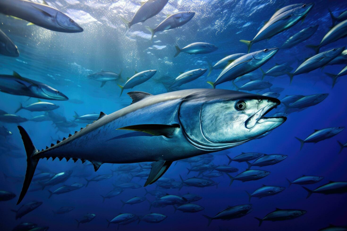 tonno nel il in profondità blu acqua di il caraibico mare, Messico, un' grande scuola di tonno nel un' in profondità blu oceano, filippine, ai generato foto