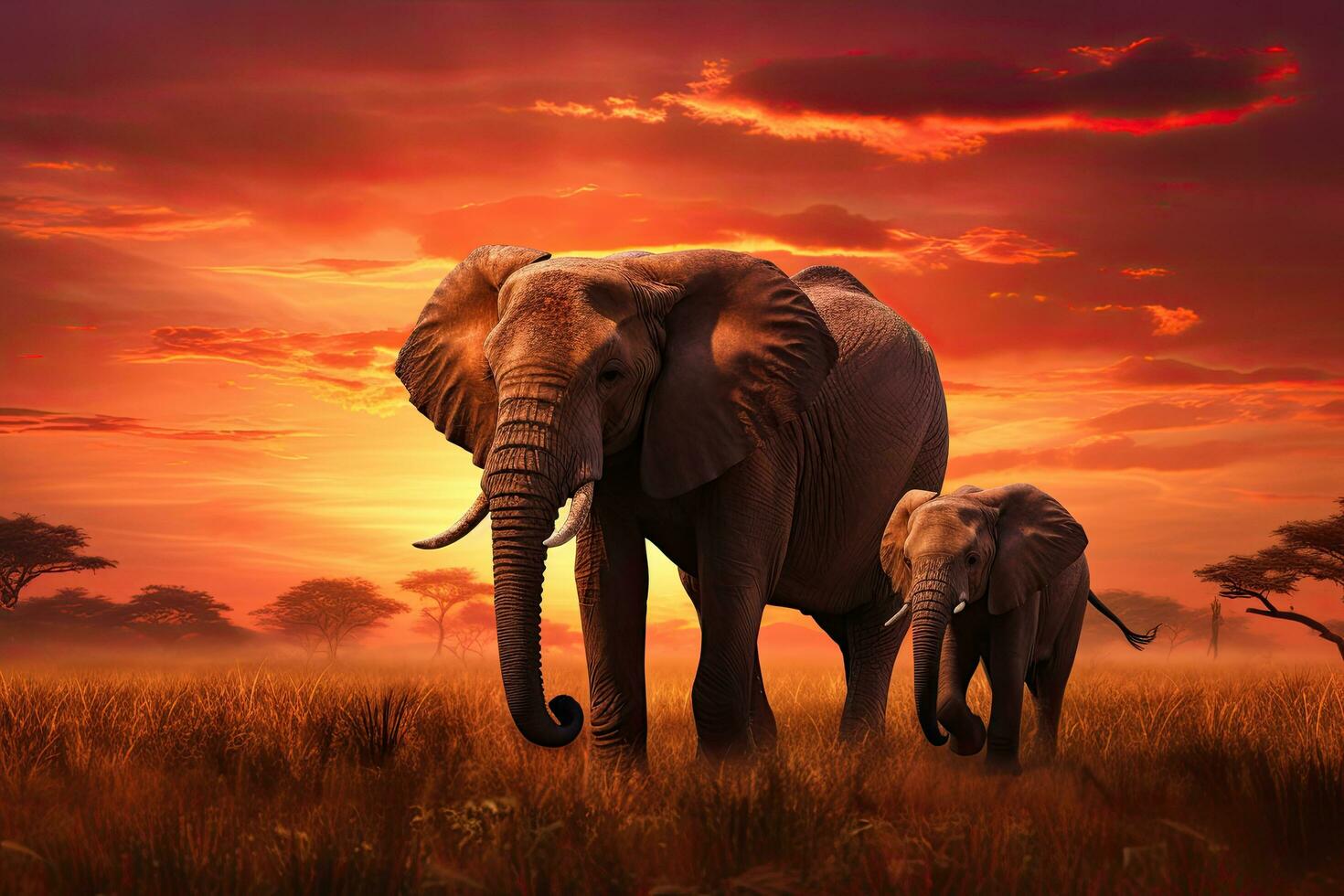 africano elefante con bambino nel savana a tramonto, 3d rendere, africano savana a tramonto con Due elefanti loxodonta africana, ai generato foto