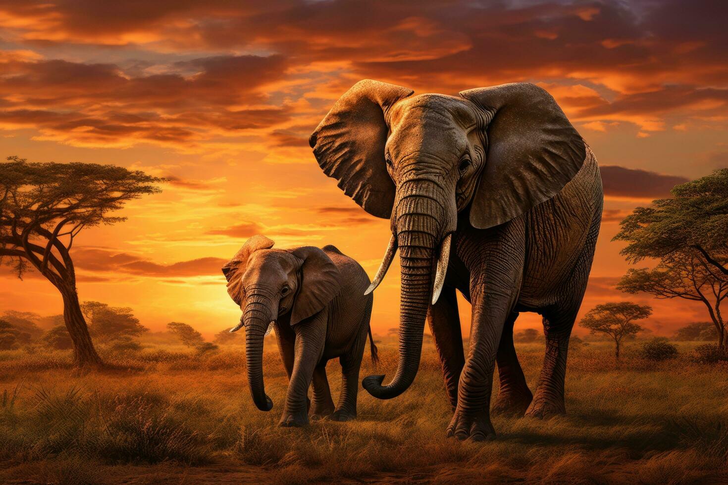 africano elefante e bambino elefante nel savana a tramonto, digitale la pittura, africano savana a tramonto con Due elefanti loxodonta africana, ai generato foto