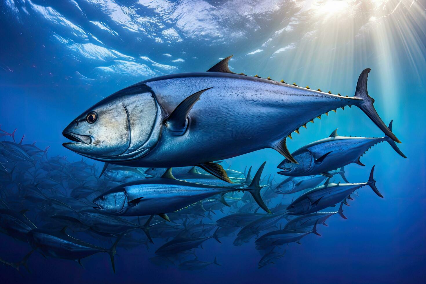 tonno nel il blu mare. subacqueo mondo. 3d rendering, un' grande scuola di tonno nel un' in profondità blu oceano, filippine, ai generato foto
