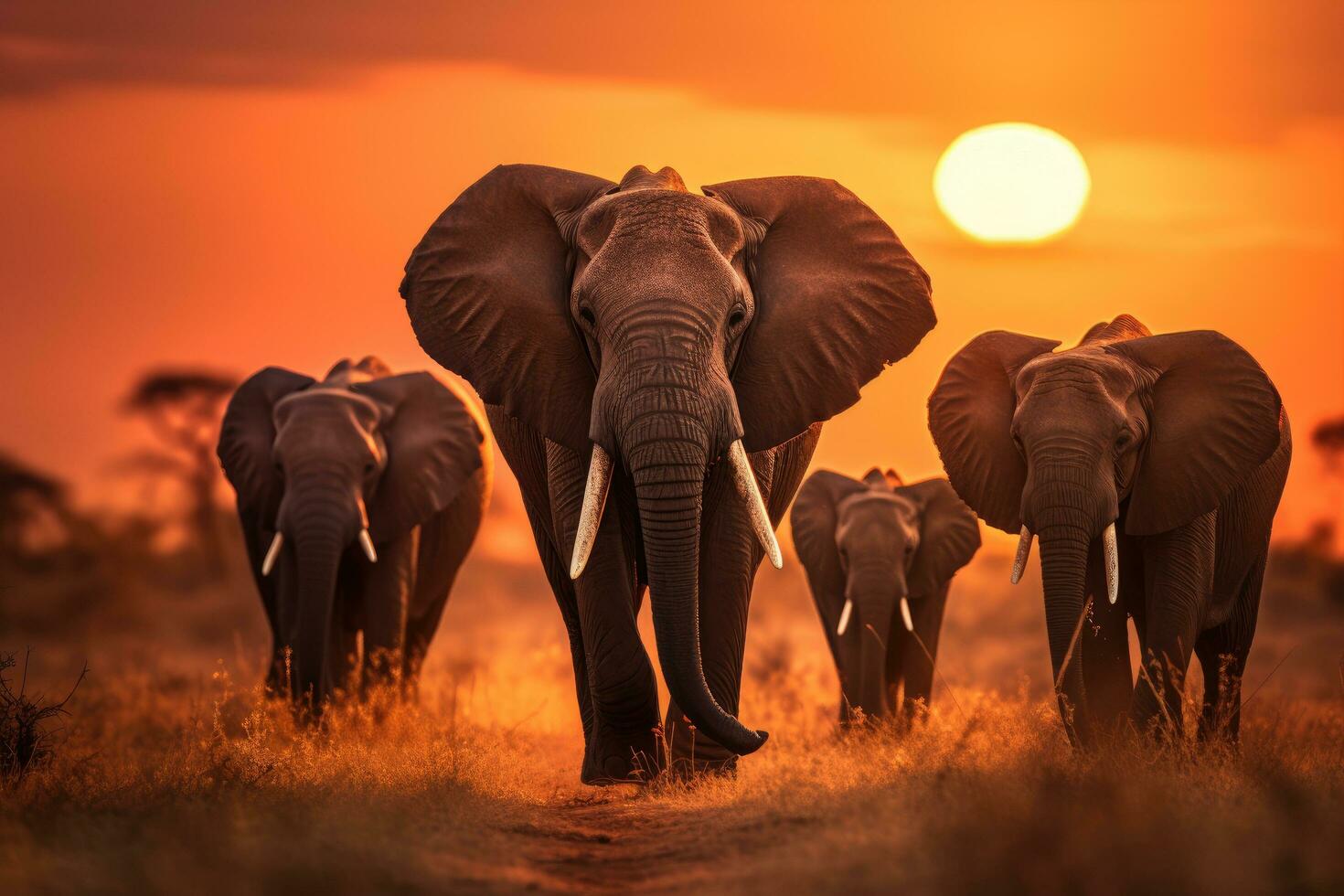 elefanti nel amboseli nazionale parco, kenya, Africa, un' mandria di elefanti a piedi attraverso un' asciutto erba campo a tramonto con il sole nel il sfondo, ai generato foto