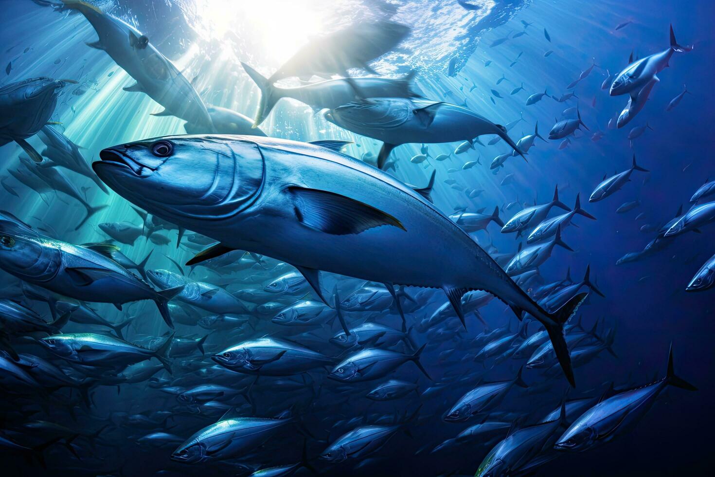 tonno nel il in profondità blu oceano. subacqueo mondo. 3d rendering, un' grande scuola di tonno nel un' in profondità blu oceano, filippine, ai generato foto
