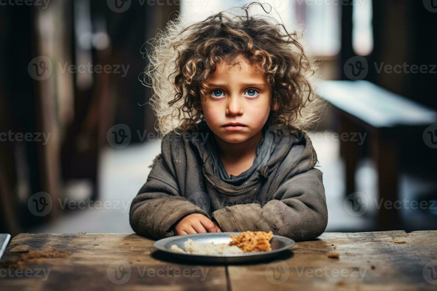 Affamato affamato povero poco bambino guardare a il telecamera foto