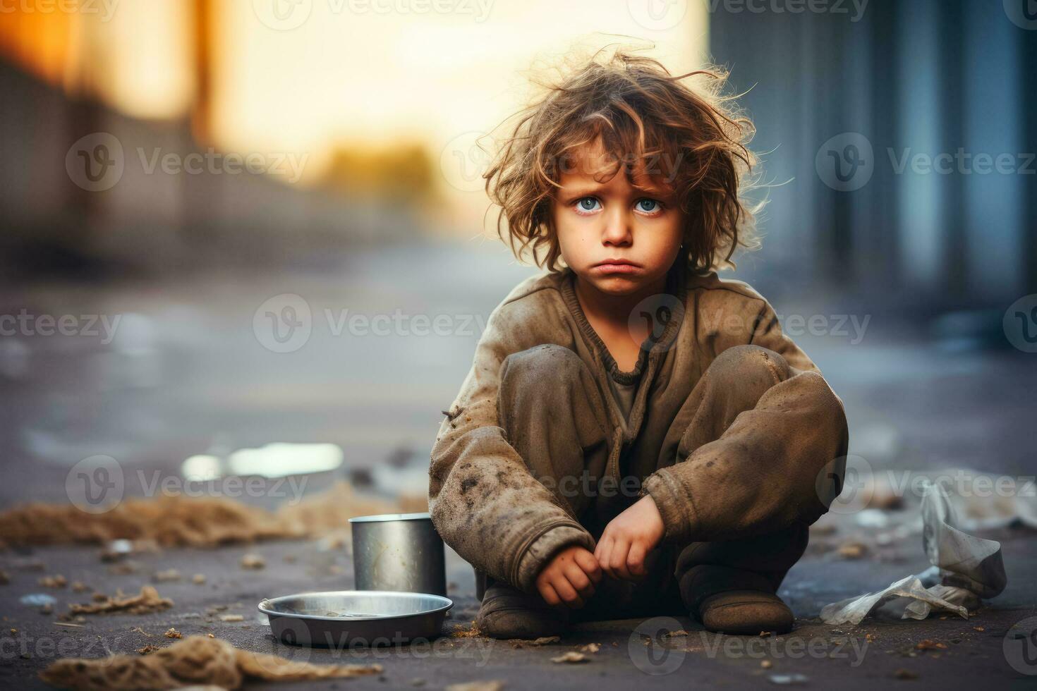 Affamato affamato povero poco bambino guardare a il telecamera foto