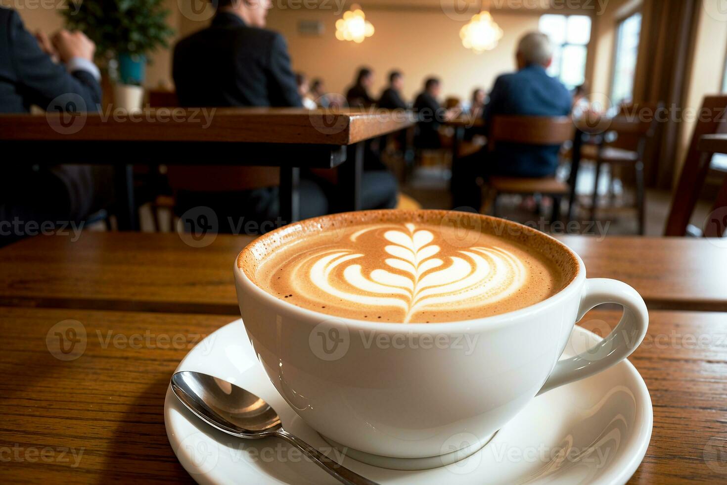 realistico foto di un' caffè tazza su legna tavolo nel un' caffè negozio con accogliente atmosfera