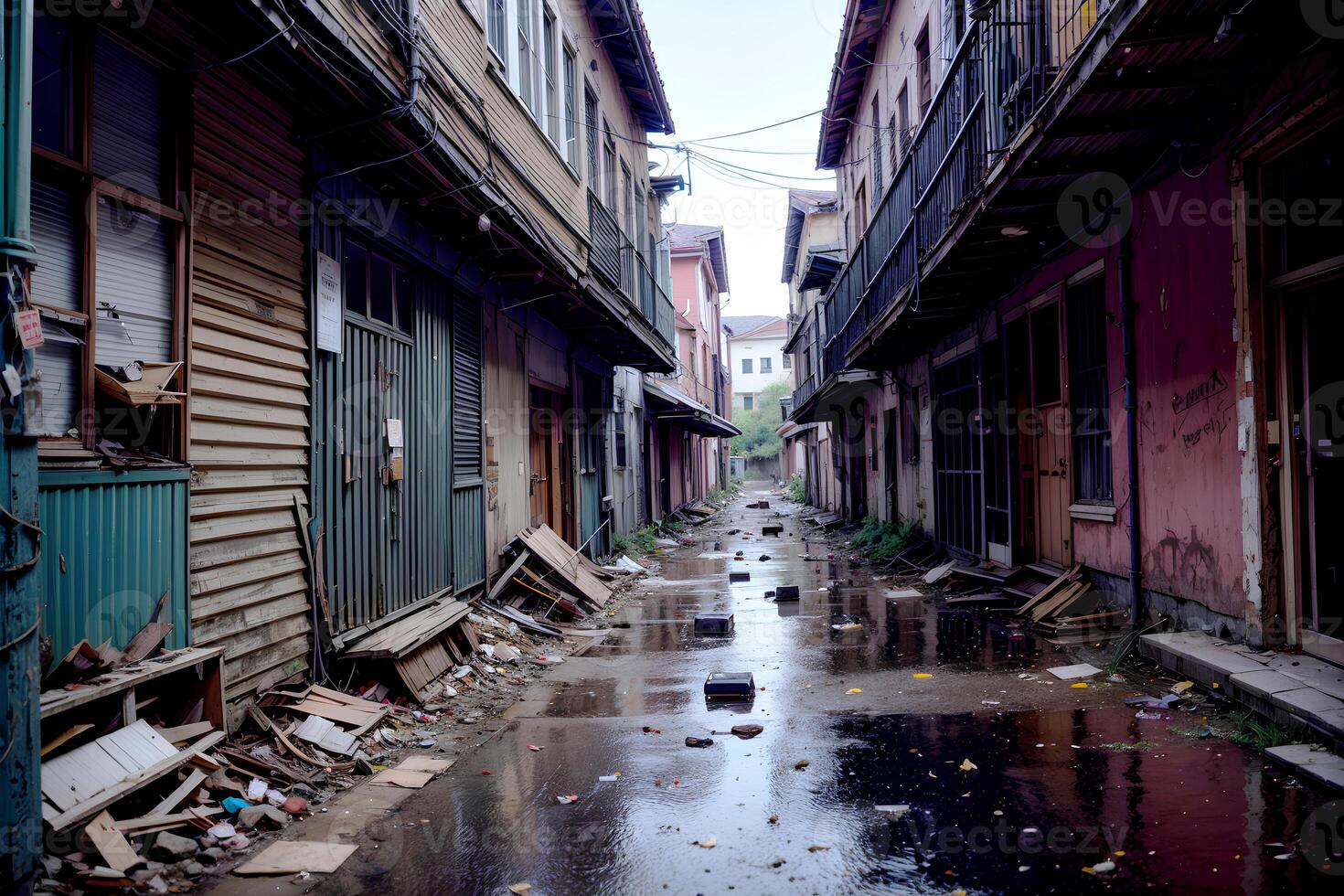 realistico foto di abbandonato vicolo con detriti sciocchezze su il strada, ai generativo