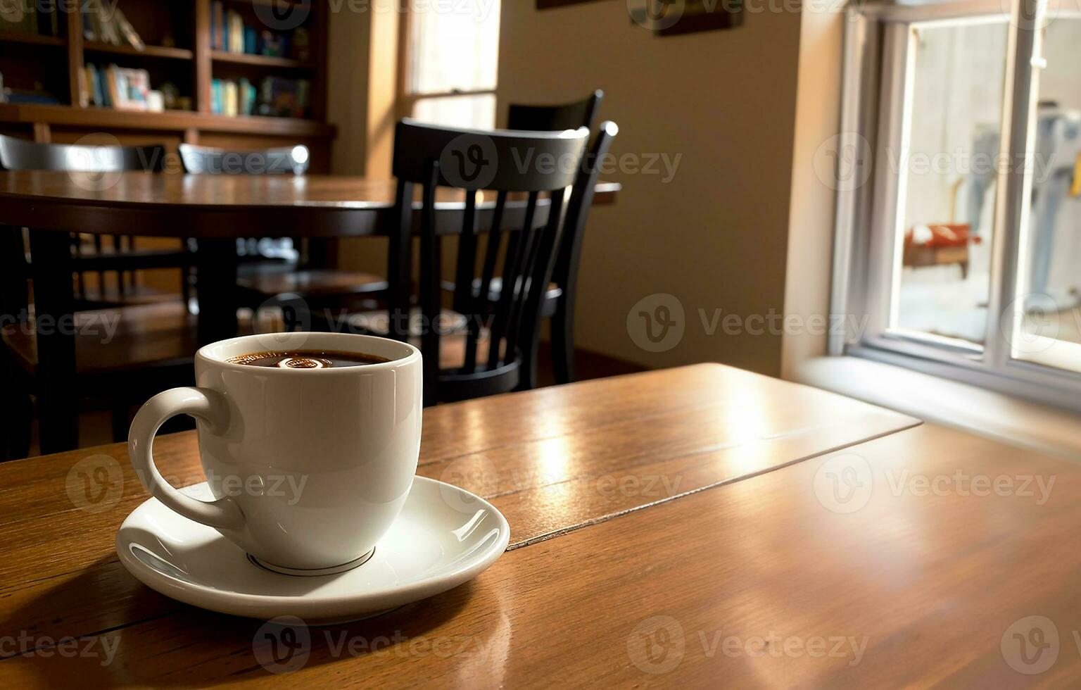 realistico foto di un' caffè tazza su legna tavolo nel un' caffè negozio con accogliente atmosfera