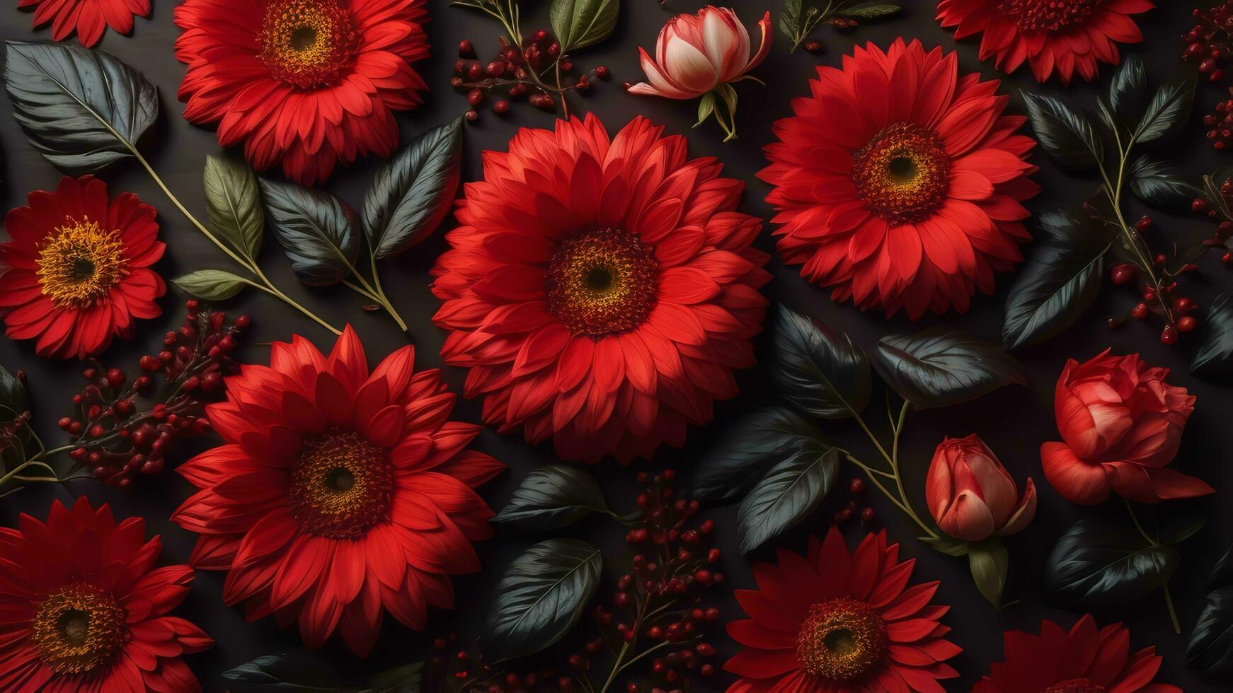 fiori composizione. rosso gerbera fiori su nero sfondo. piatto posizione, superiore Visualizza, copia spazio. generativo ai foto