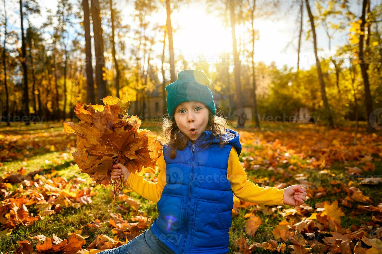 concetto di un' contento spensierato infanzia. bambini all'aperto. divertente adorabile poco ragazza raccoglie asciutto caduto acero le foglie giocando tra giallo le foglie nel un autunno parco con caduta sole raggi a tramonto foto