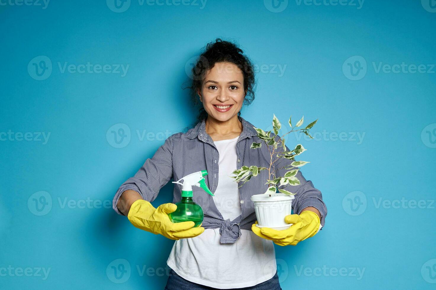 sorridente africano americano donna nel giallo guanti Tenere un' pentola con trapiantato piccolo albero e spray per interno impianti foto