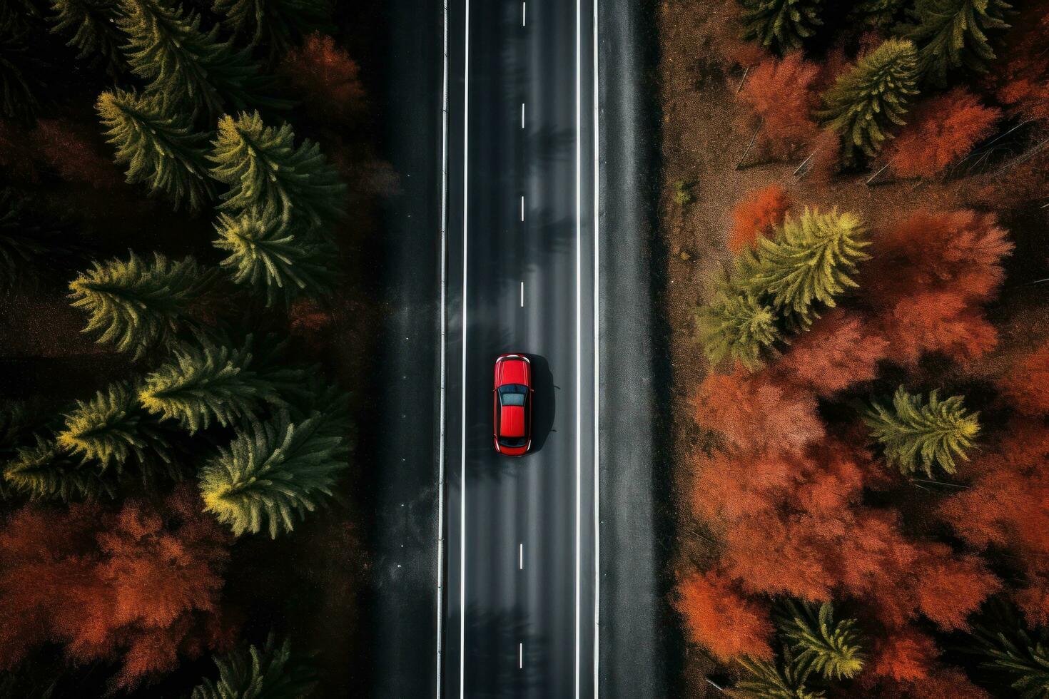 un' auto guida giù un' autostrada attraverso alto alberi foto