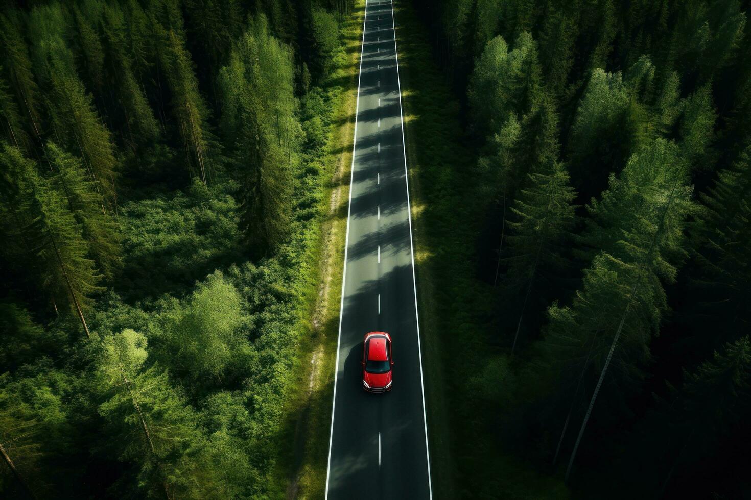 un' auto guida giù un' autostrada attraverso alto alberi foto