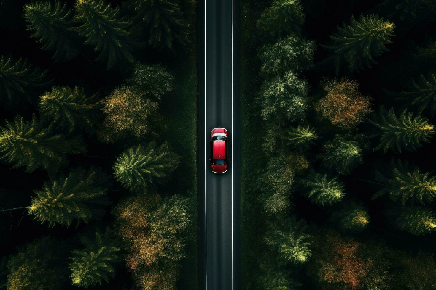 un' auto guida giù un' autostrada attraverso alto alberi foto