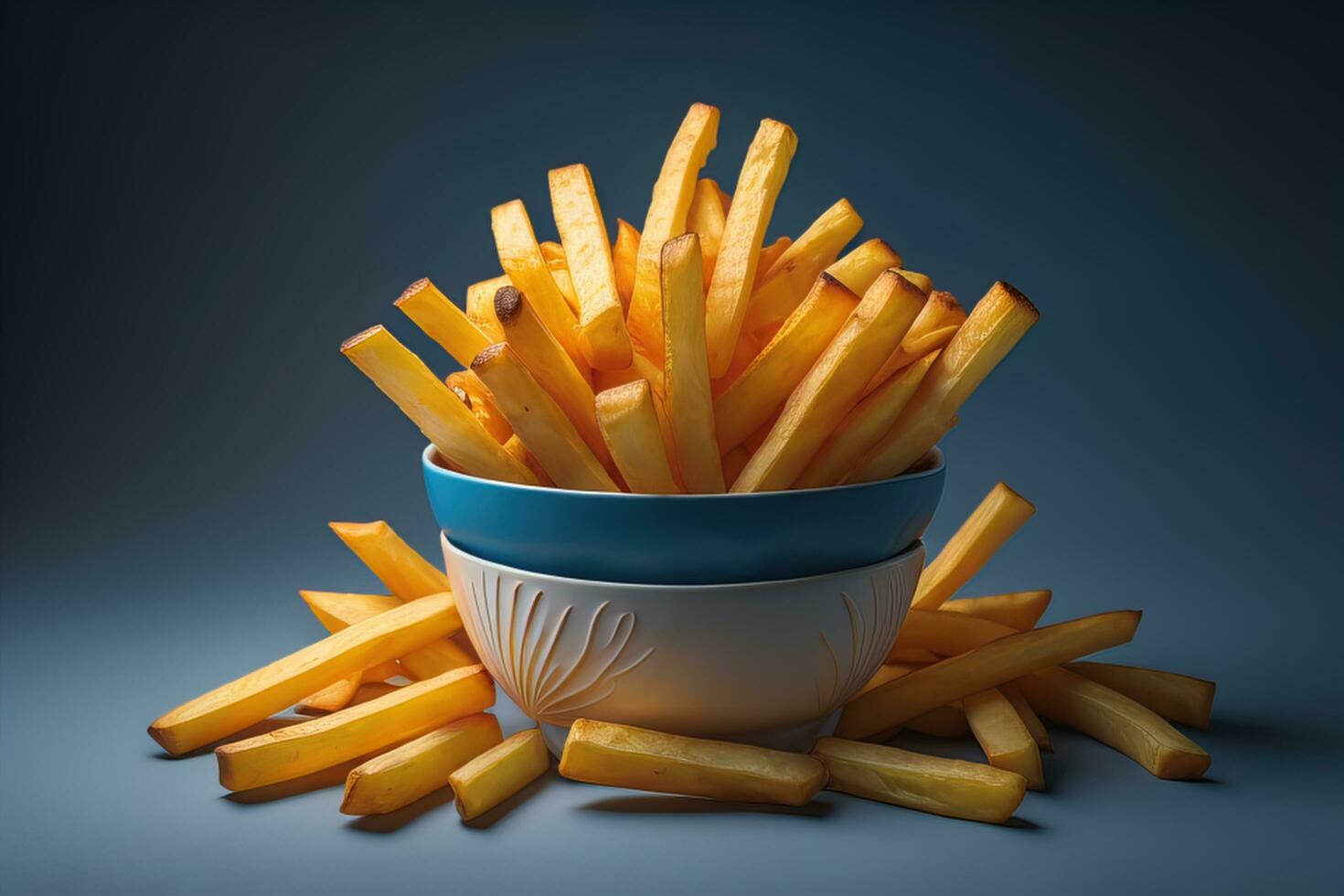 d'oro francese patatine fritte patate nel un' ciotola su un' buio blu sfondo. generativo ai foto