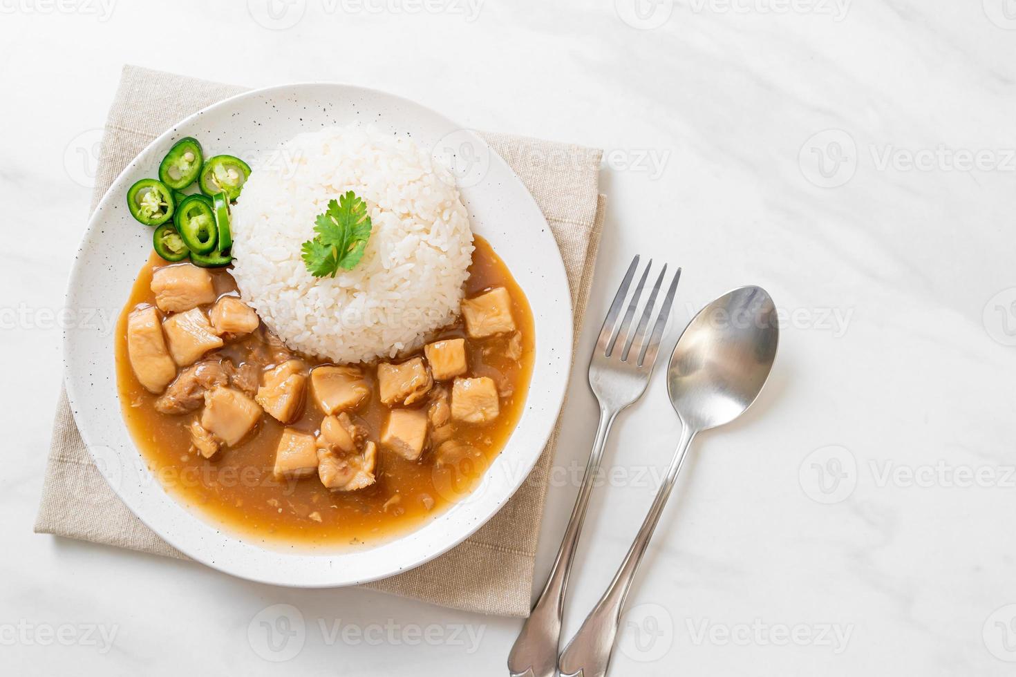 pollo in salsa marrone o salsa di sugo con riso foto