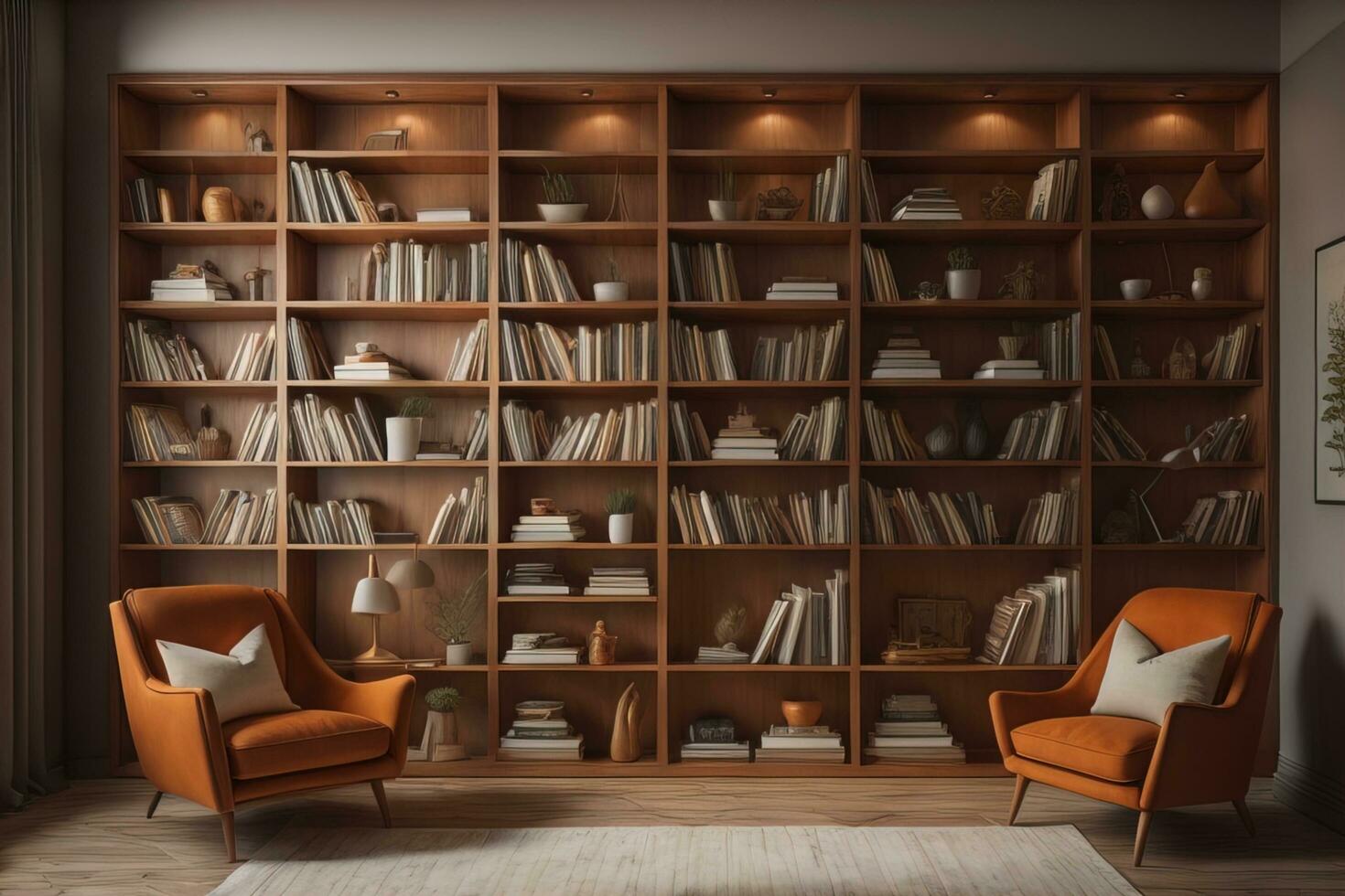 interno di moderno vivente camera con libreria e poltrone. generativo ai foto