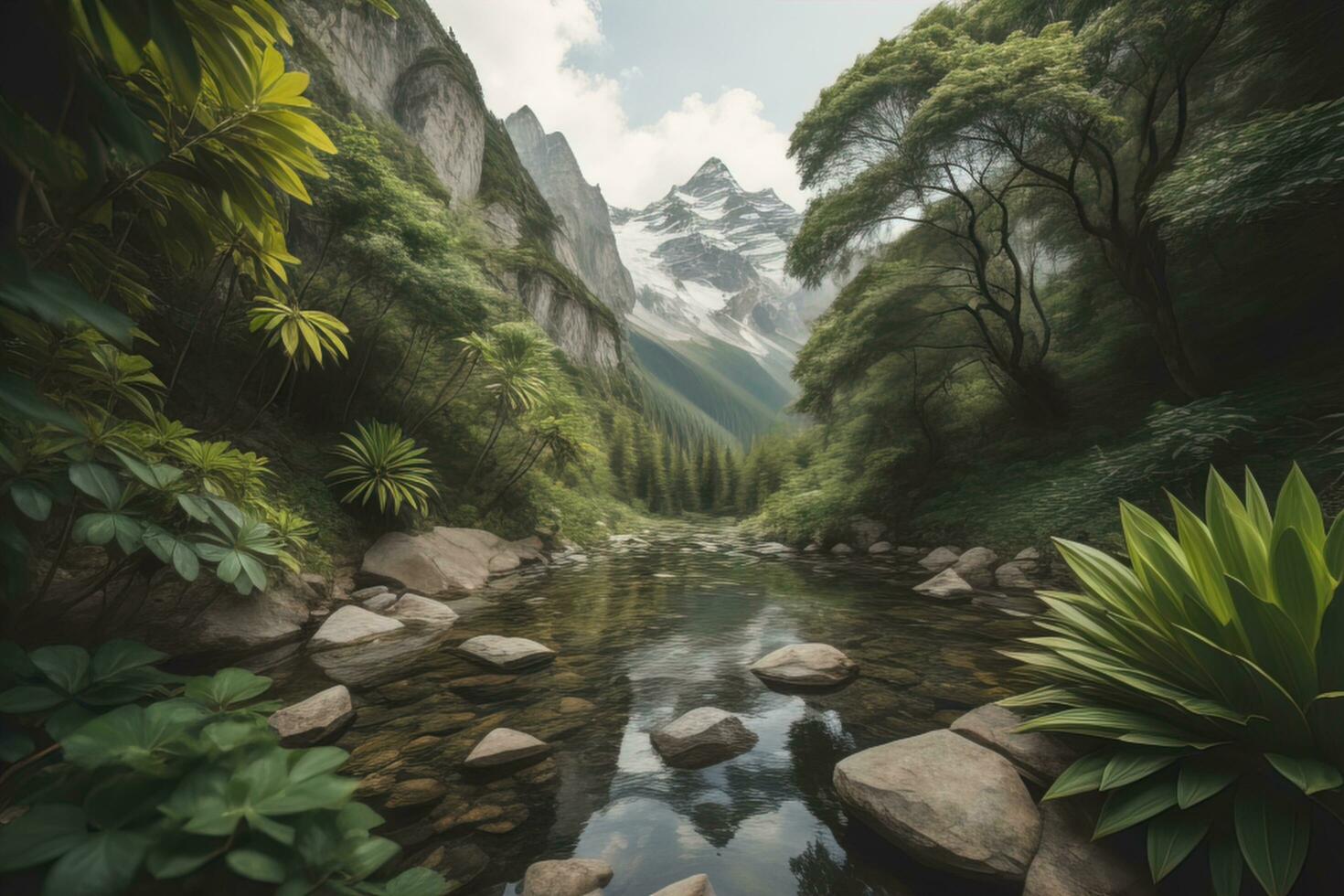 bellissimo paesaggio con un' fiume nel il mezzo di il foresta. generativo ai foto