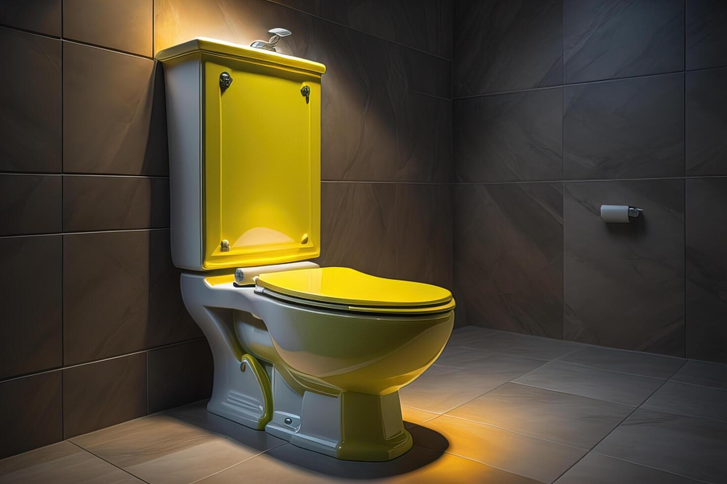 un' giallo gabinetto nel un' moderno bagno con piastrelle. generativo ai foto