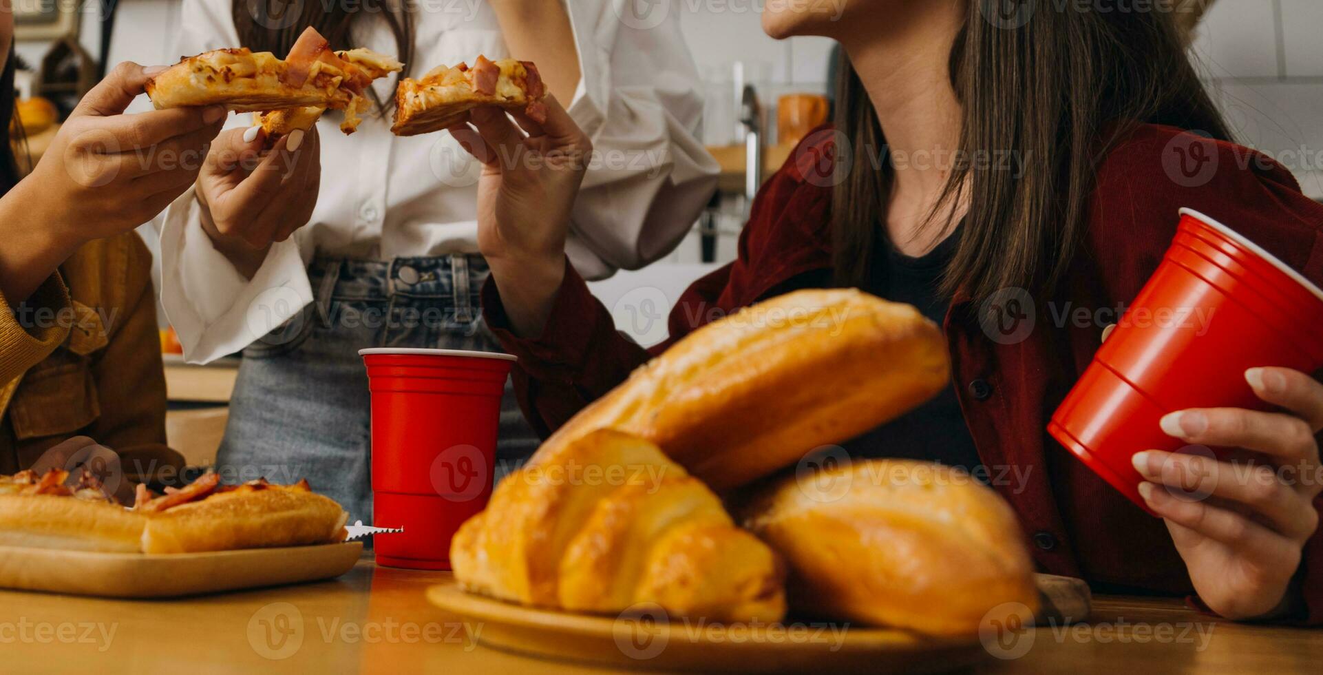 ridendo gruppo di diverso giovane donna sospeso su a casa insieme e mangiare Pizza foto