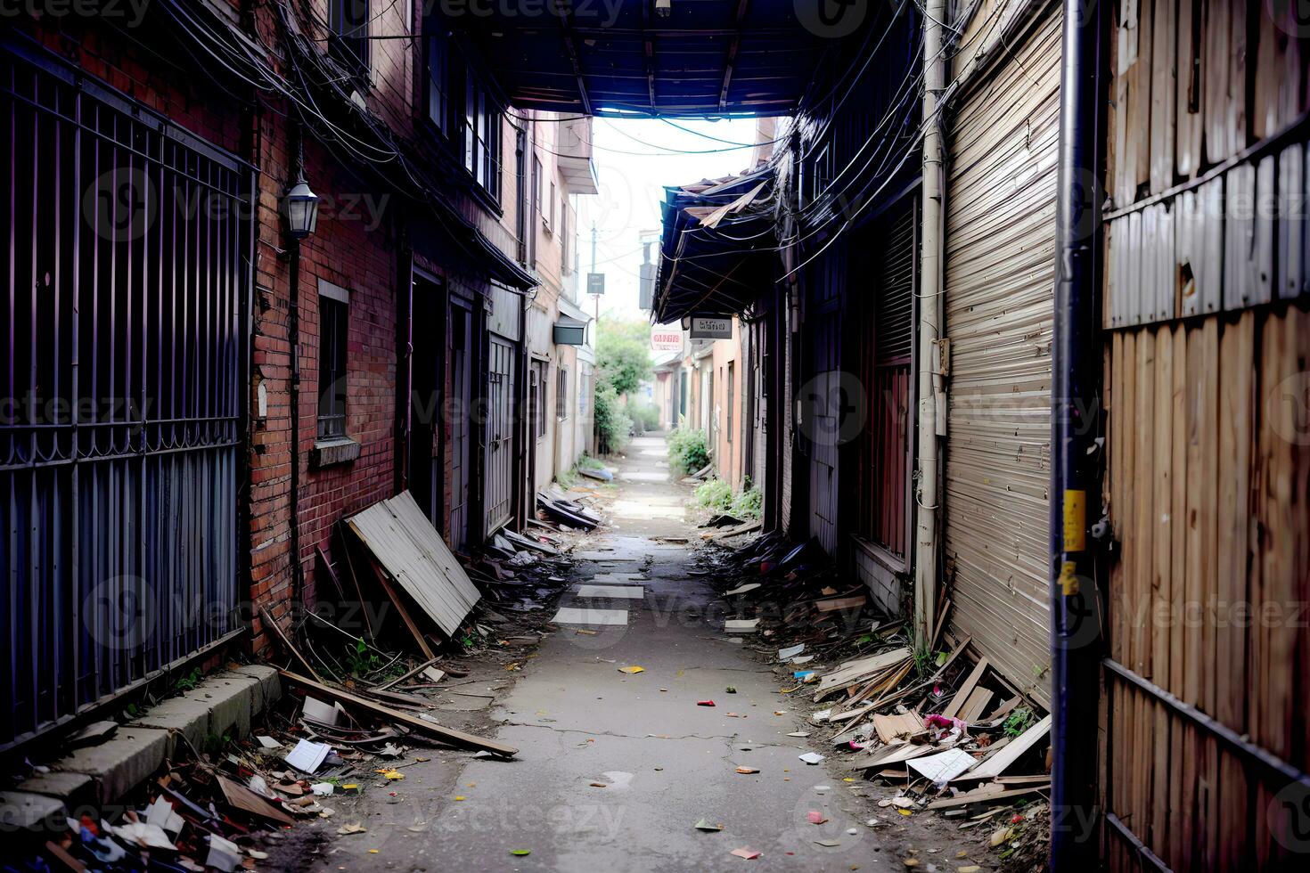 realistico foto di abbandonato vicolo con detriti sciocchezze su il strada, ai generativo