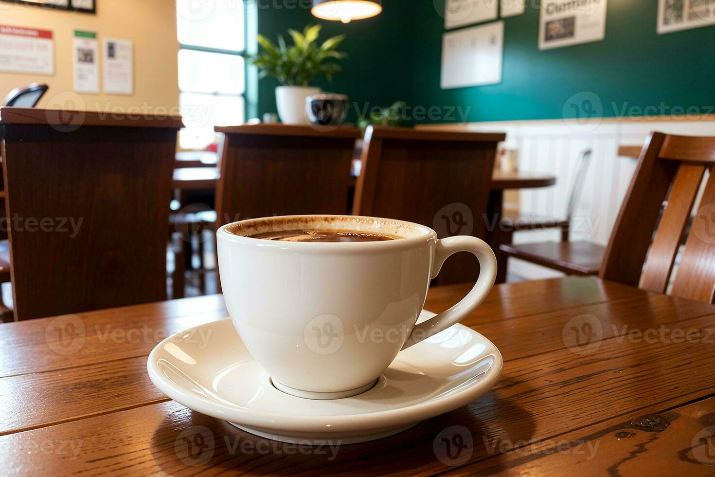 realistico foto di un' caffè tazza su legna tavolo nel un' caffè negozio con accogliente atmosfera