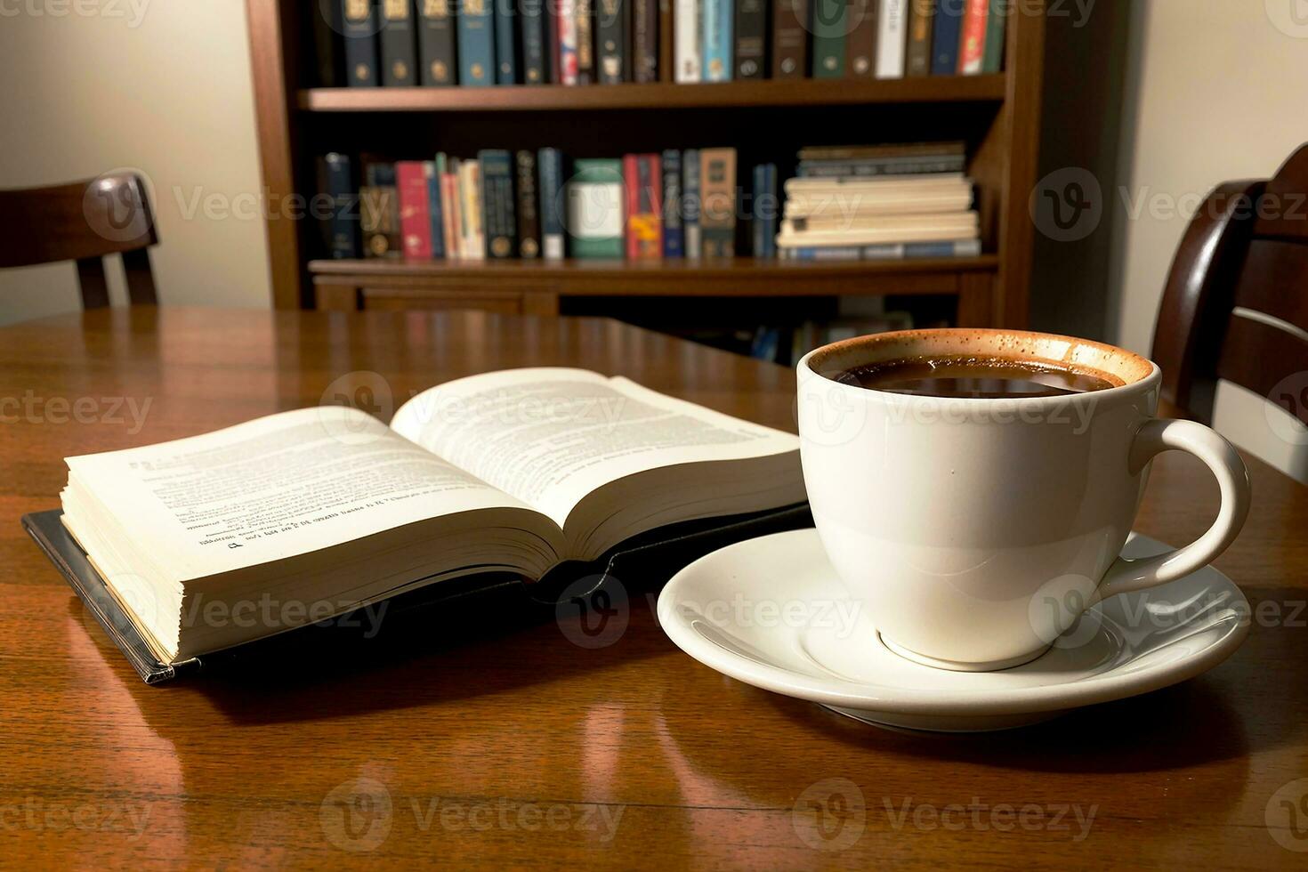realistico foto di un' caffè tazza e libro su legna tavolo nel un' caffè negozio con accogliente atmosfera, ai generativo