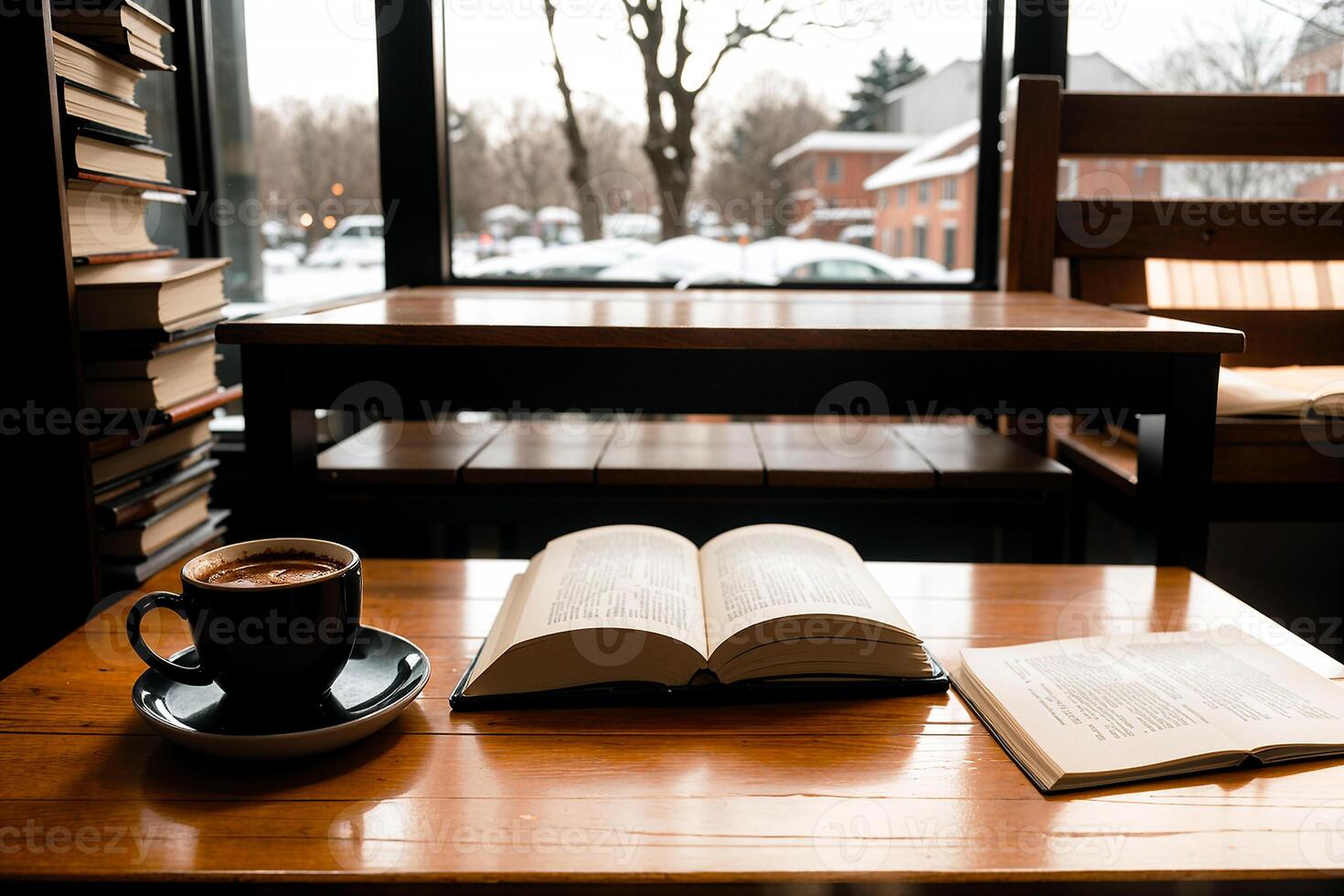 realistico foto di un' caffè tazza e libro su legna tavolo nel un' caffè negozio con accogliente atmosfera, ai generativo