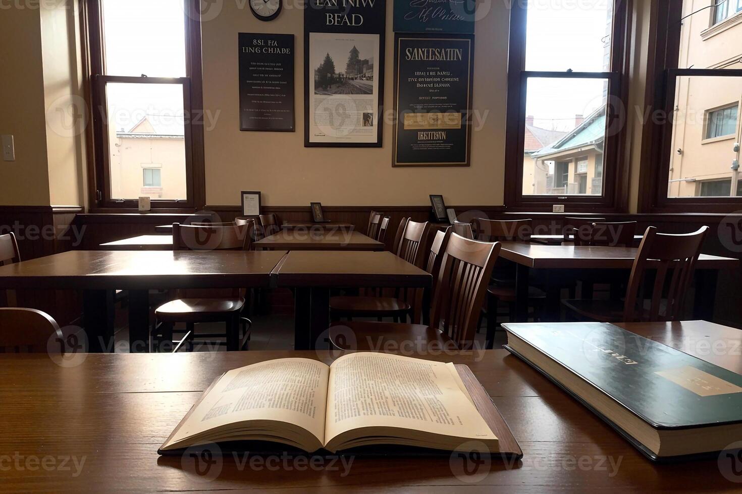 realistico foto di libro su legna scrivania nel un' biblioteca studia camera con accogliente atmosfera, ai generativo