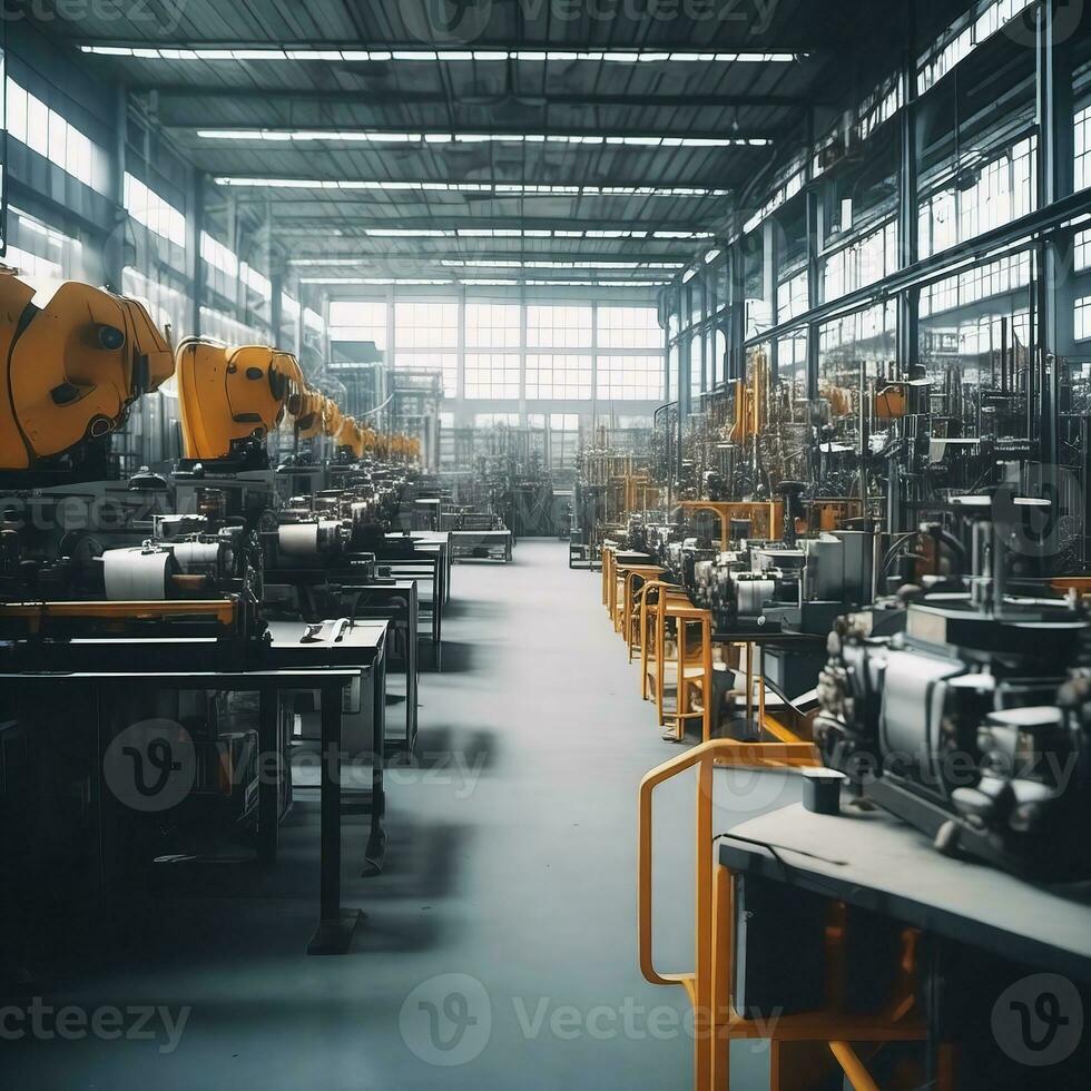 moderno fabbrica interno con meccanico macchine, ai generativo foto