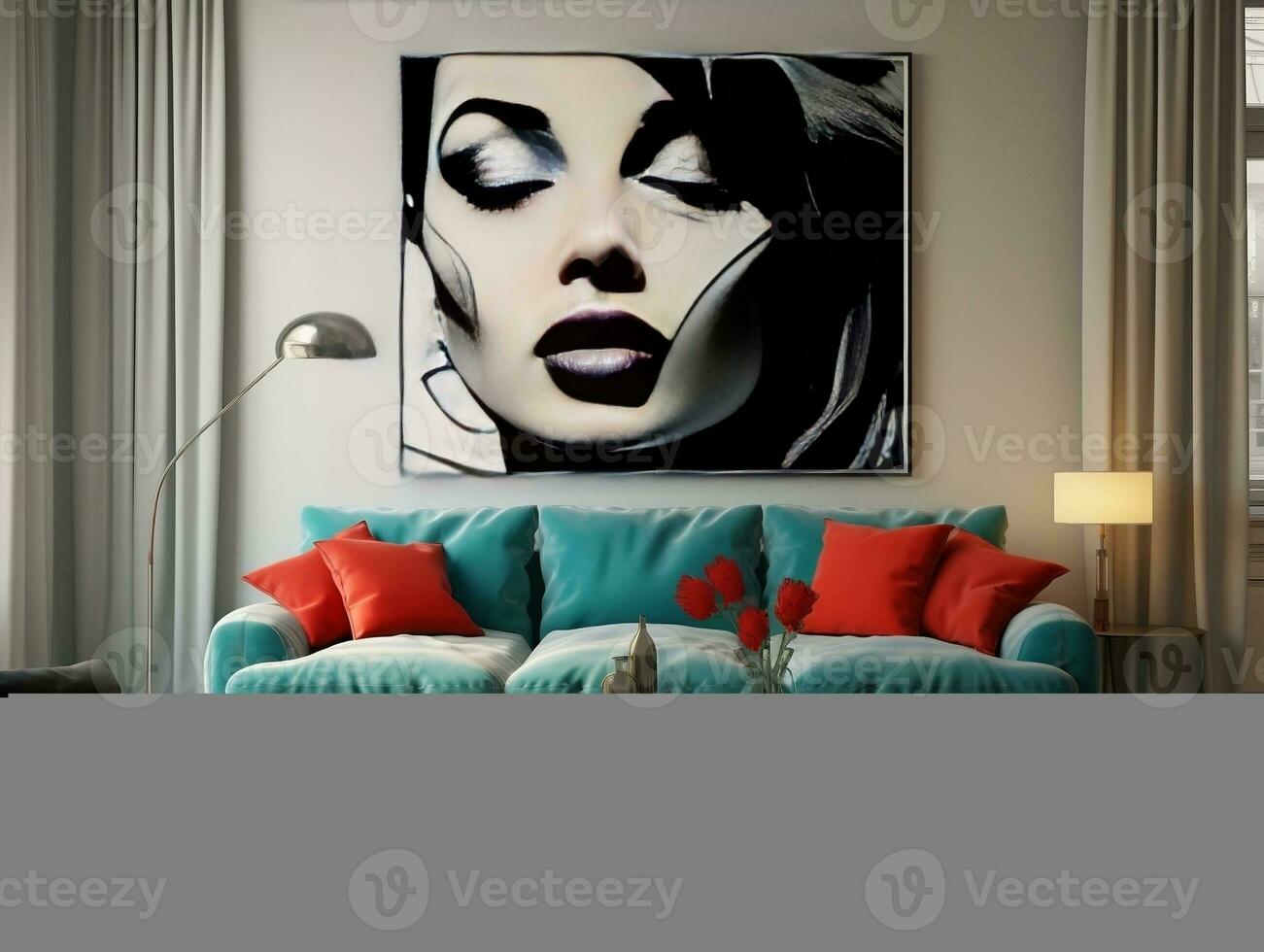 interno design di moderno vivente camera con turchese divano e grande manifesti generativo ai foto