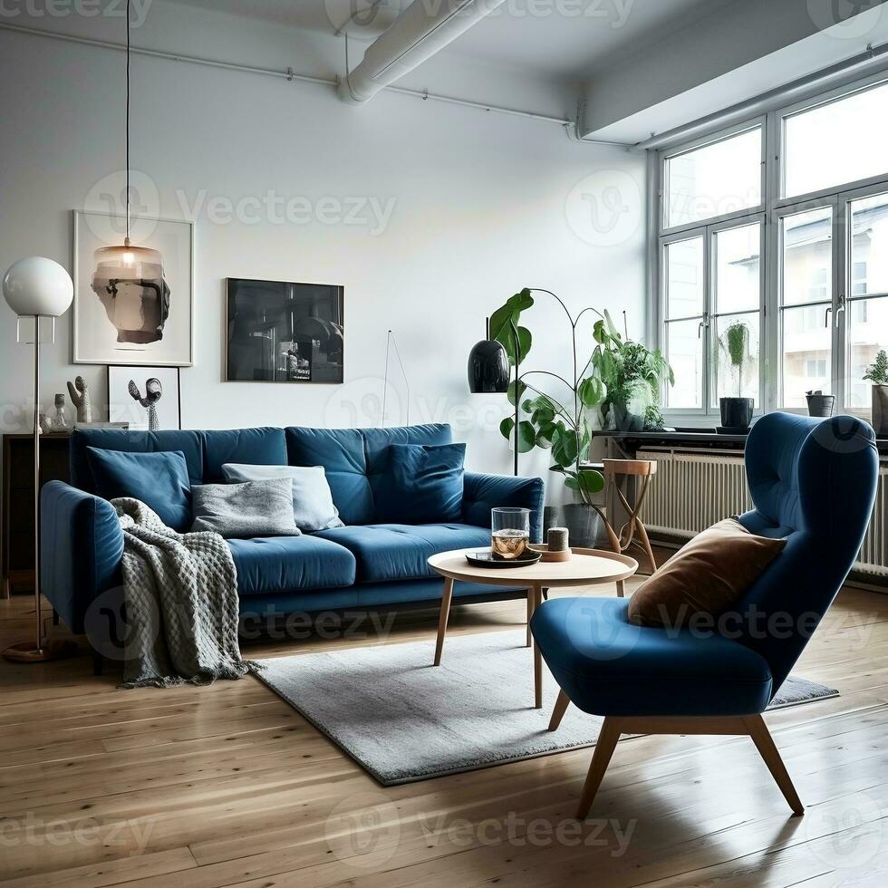 buio blu divano e poltrona sedia interno design di moderno vivente camera  generativo ai 27074070 Stock Photo su Vecteezy