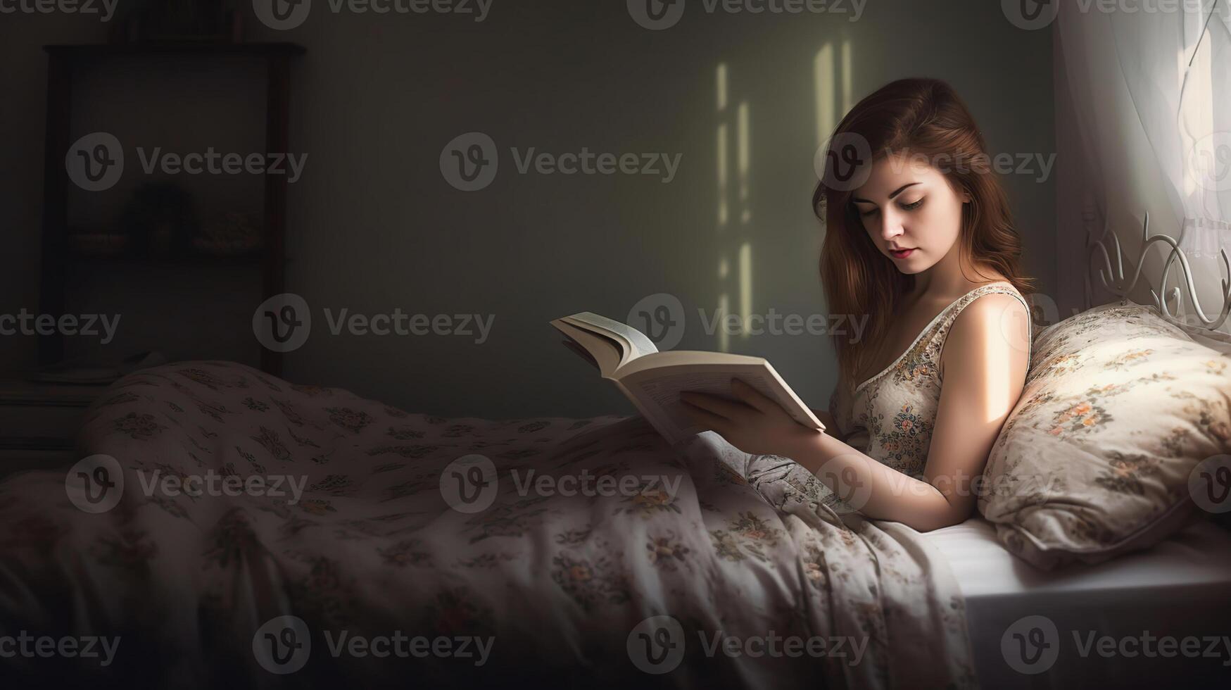 mattina di giovane donna lettura libro nel letto, generativo ai foto